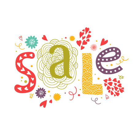 Vector lettering Sale with decorative floral elements isolated on white background, hand drawn lettersのイラスト素材