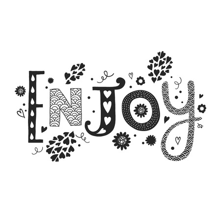 Vector lettering Enjoy with decorative floral elements isolated on white background, hand drawn lettersのイラスト素材
