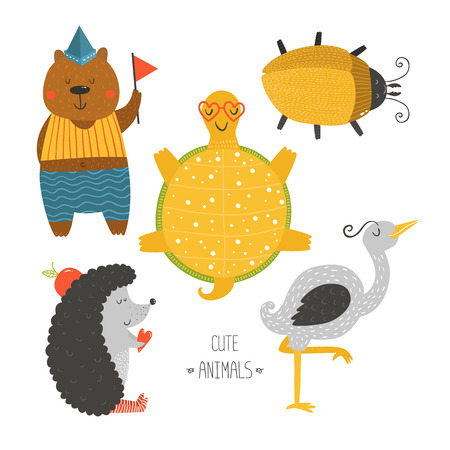 Cute animals collection, baby animals, animals vector. Bear, beetle, tortoise, hedgehog and heron isolated on white background. Cartoon animals setのイラスト素材