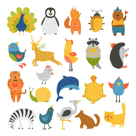 Cute animals collection, baby animals, animals vector. Vector cat, peacock, penguin, squirrel, beetle, bear, bird, deer, raccoon, hedgehog, tiger, dolphin, heron, tortoise, zebra, dog, snail isolated on white background. Cartoon animals setのイラスト素材