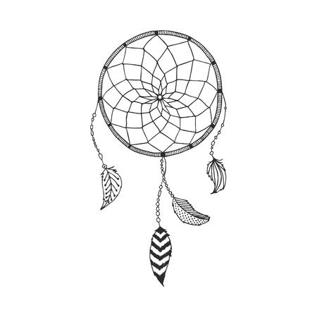 Vector hand drawn Dreamcatcher, tribal design, boho style, with indian feather isolated on white background. Ethnic, aztec illustrationのイラスト素材