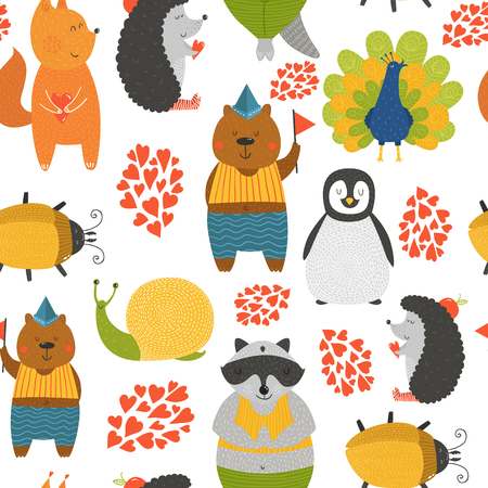 Vector background with cute animals. Cartoon raccoon, snail, penguin, peafowl; squirrel, bear, beetle and hedgehog isolated on white background with loveのイラスト素材
