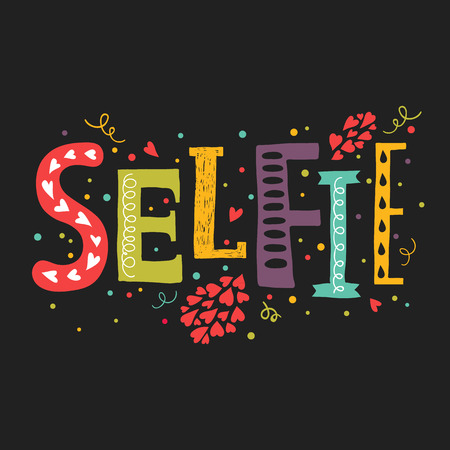 Vector lettering Selfie with decorative elements isolated on black background, hand drawn letters, sign selfie, design symbolのイラスト素材