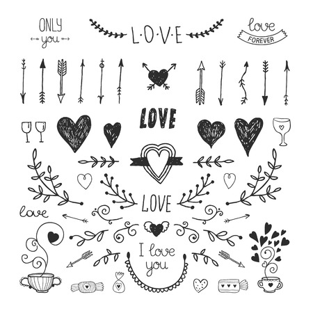 Love decorative vintage elements, hand drawn collection with arrow, heart, tatoo, flower, tea and lettering. Doodle love set, vector illustration for designのイラスト素材