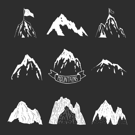 Mountains vector collection, hand drawn mountain set with ribbon, tree and flag for design logo and more. Mountains isolated on black backgroundのイラスト素材