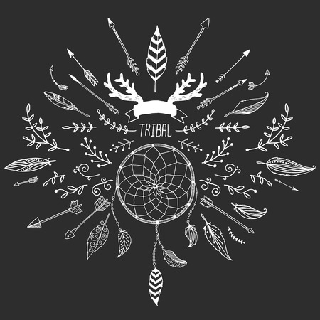 Hand drawn tribal collection with bow and arrows, feathers, dreamcatcher and hornsのイラスト素材