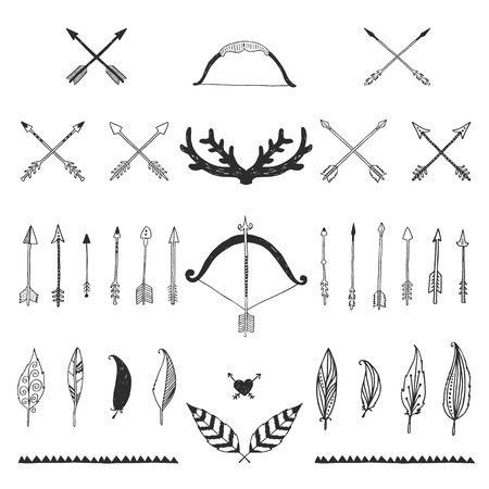 Hand drawn tribal collection with bow and arrows, feathers and hornsのイラスト素材