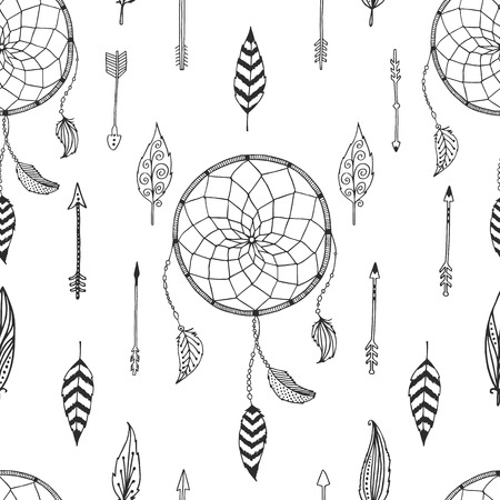 Vector arrow background, retro pattern, etnic doodle collection, tribal design. Ink hand drawn illustration with indian arrows, feathers and dreamcatcher on white backgroundのイラスト素材