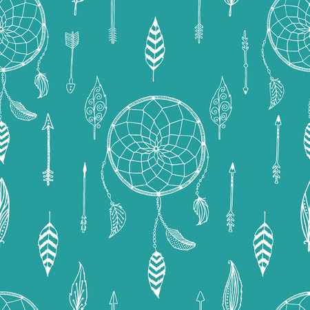 Ink hand drawn illustration with indian arrows, feathers and dreamcatcher on green backgroundのイラスト素材