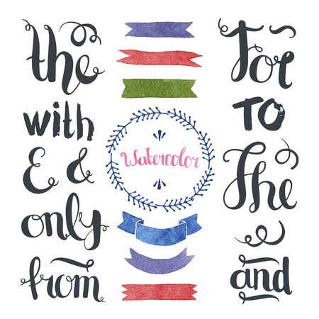 Hand drawn decoration collection with watercolor ribbons, frame, labels and hand letters ampersands and catchwordsのイラスト素材