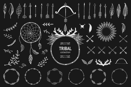 Hand drawn tribal collection with bow and arrows, feathers, dreamcatcher, horns, frame and border, floral elements for designのイラスト素材