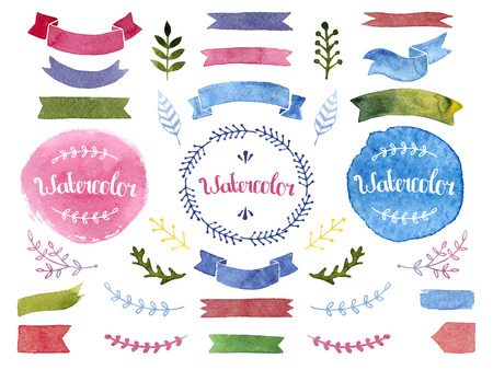 watercolor collection with ribbons, label, floral elements, feathersのイラスト素材