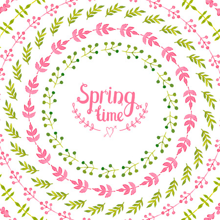 Postcard with hand drawn watercolor floral wreaths and hand lettering Spring time. Watercolor frames and borders, template for designのイラスト素材