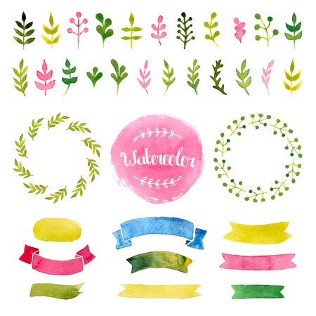 watercolor collection with ribbons, label, floral elements, wreathsのイラスト素材