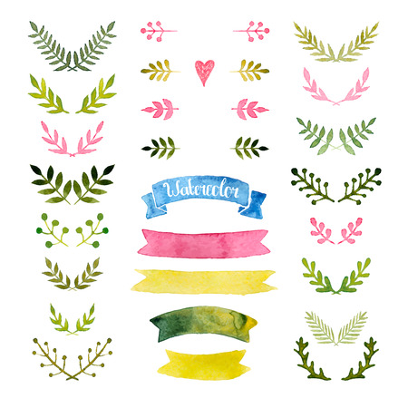 watercolor collection with ribbons, laurels, floral elements, wreathsのイラスト素材