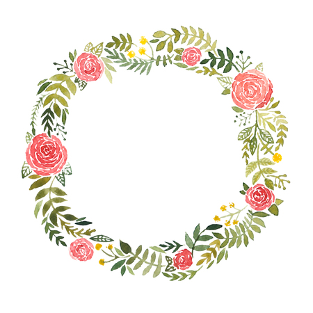 Watercolor wreath with roses and leaves isolated on white backgroundのイラスト素材