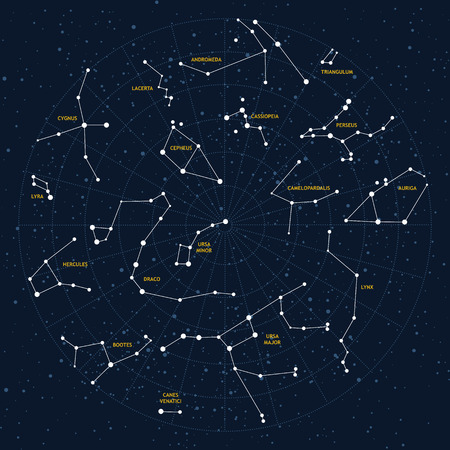 Vector sky map, constellations, stars, andromeda,lacerta, cygnus, lyra, hercules, draco, bootes, minor, major, lynx, auriga, camelopardalis, perseus, triangulum, cassiopeia, cepheusのイラスト素材