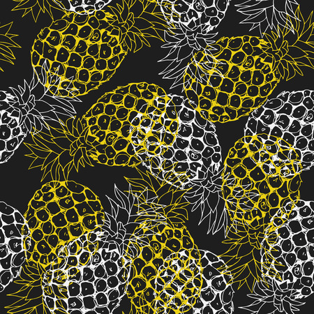 Vector pineapple background, summer seamless pattern, handdrawn tropical illustration on blackのイラスト素材