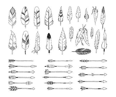 Hand drawn tribal collection with arrows and feathersのイラスト素材