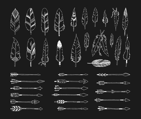 Hand drawn tribal collection with arrows and feathersのイラスト素材