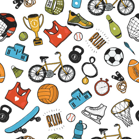 Hand drawn doodle sport background. Vector cartoon pattern with sport iconsのイラスト素材
