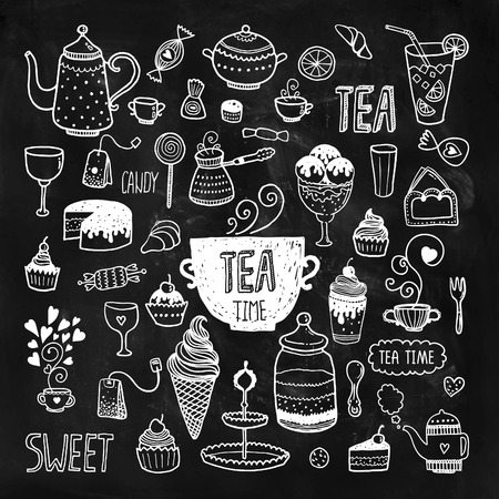 Hand drawn tea time collection, vector doodle set with teapots, glass, cupcake, decoration, tea, icecream, cup and sweetsのイラスト素材