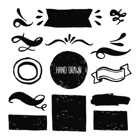 Ink design labels, ribbons and decorative elements. Hand drawn collectionのイラスト素材