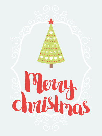 Merry christmas card with hand drawn lettering and cute tree, vector new year postcardのイラスト素材