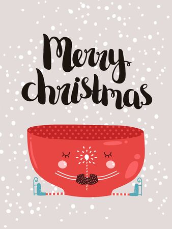Merry christmas card with hand drawn lettering and cute mug, vector new year postcardのイラスト素材