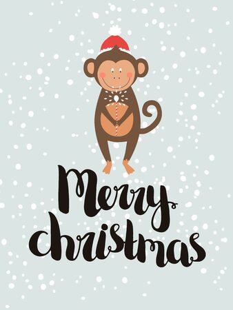 Merry christmas card with hand drawn lettering and cute monkey, vector new year postcardのイラスト素材