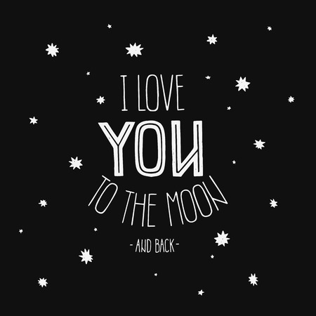 Vector lettering I Love you to the moon and back. Hand drawn space poster with love on black backgroundのイラスト素材