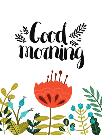 Good morning card. Vector hand drawn lettering with flowers and branchesのイラスト素材