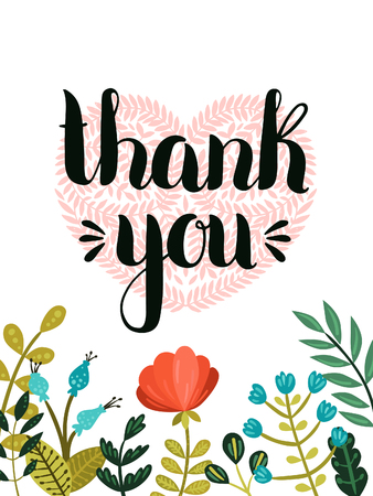 Thank you card. Vector hand drawn lettering with cute flowers, Romantic poster for design save the date, valentines day cards and moreのイラスト素材