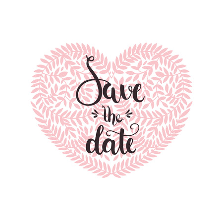 Romantic Typography poster with hand drawn lettering, Save the date. Vector printable card with letters and heart for design wedding cards, invitations and moreのイラスト素材