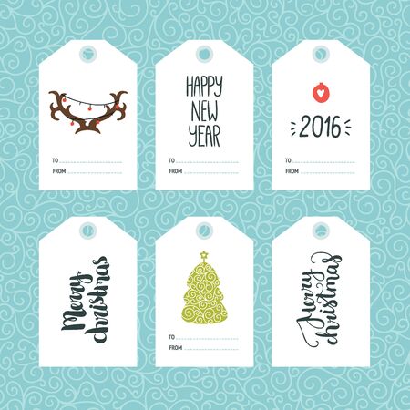 Set of Christmas and New year tags with hand drawn lettering and holiday decoration elements. Xmas gift tags on winter backgroundのイラスト素材