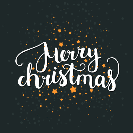 Merry Christmas and Happy New Year card with hand drawn lettering and stars on dark background. Cute Holiday backgroundのイラスト素材
