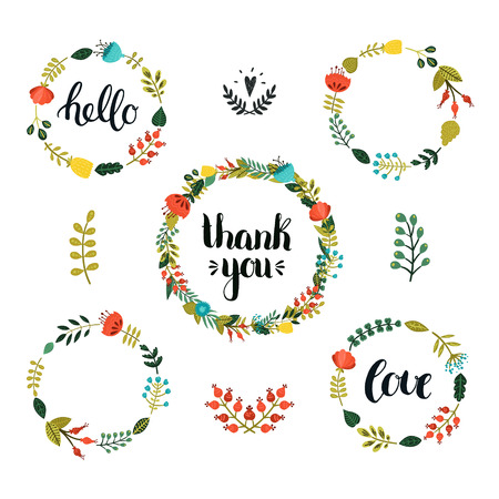 Set of Floral wreath with cute colorful flowers, branches and hand drawn lettering isolated on white backgroundのイラスト素材