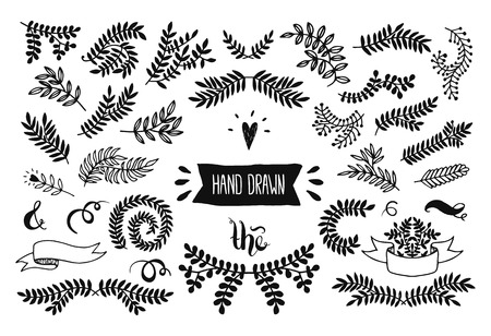 Set of vector handdrawn set, floral doodle collection. Decoration elements for design invitation, wedding cards, valentines day, greeting cardsのイラスト素材