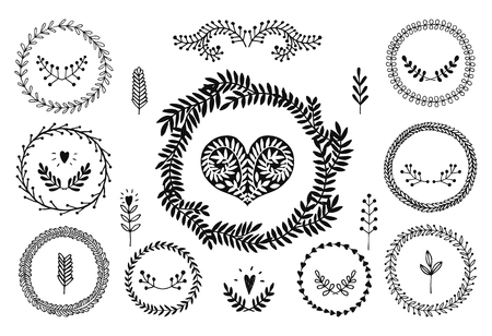 Set of vector handdrawn laurels, wreath, nature, floral doodle collection. Decoration elements for design invitation, wedding cards, valentines day, greeting cardsのイラスト素材