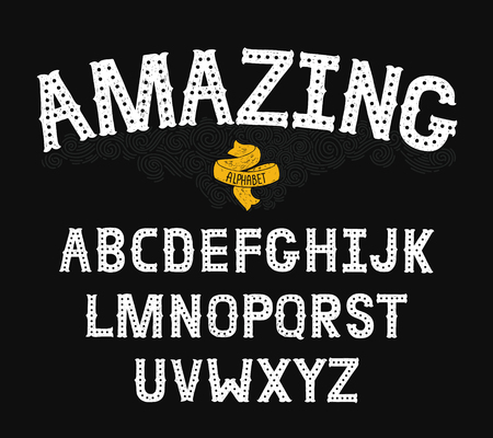 Vector Hand Drawn Alphabet with Vintage letters on black background. Decorative Font for accentuation, Ink Letters, abcのイラスト素材