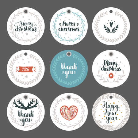 Set of Christmas and New year tags with hand drawn lettering and holiday decoration elements. Xmas gift tags on gray backgroundのイラスト素材