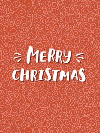 Merry Christmas card with hand drawn lettering on red curle background. Cute Holiday patternのイラスト素材
