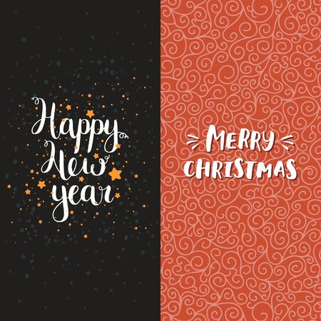 Merry Christmas and Happy New Year cards with hand drawn lettering and stars on dark background. Cute Holiday backgroundのイラスト素材