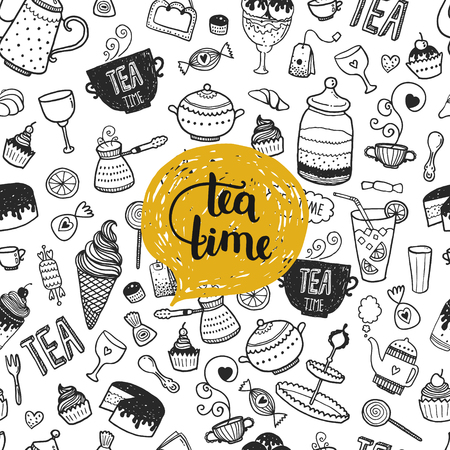Hand drawn Tea time illustration, vector doodle background with teapot, glass, cupcake, decoration, tea, icecream, cup and sweetsのイラスト素材