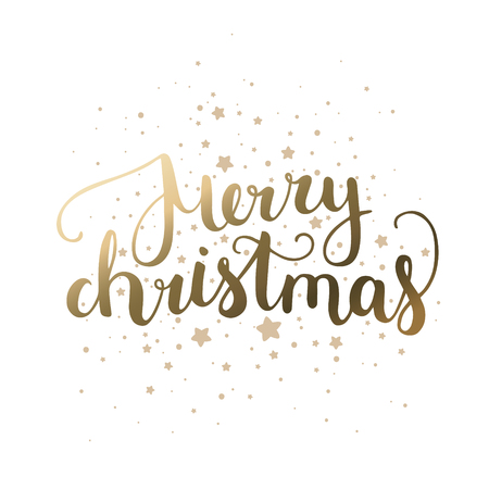 Merry Christmas card with hand drawn lettering and stars on white background. Gold christmas cardのイラスト素材