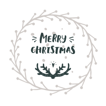Merry Christmas card with hand drawn lettering, wreth and horns on white background. Cute Holiday backgroundのイラスト素材