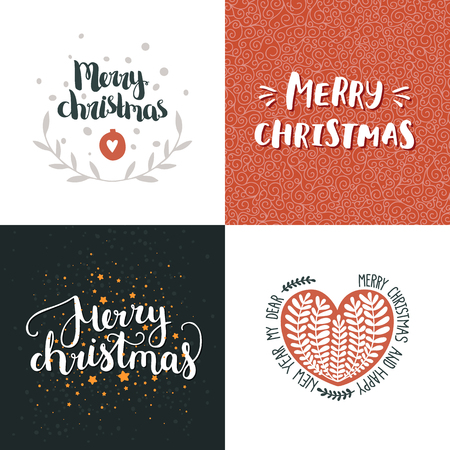Vector Christmas and New year cards collection with handdrawn lettering. Xmas cards on winter backgroundのイラスト素材