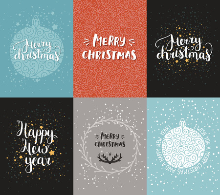 Vector Christmas and New year cards collection with handdrawn lettering. Xmas cards on winter backgroundのイラスト素材