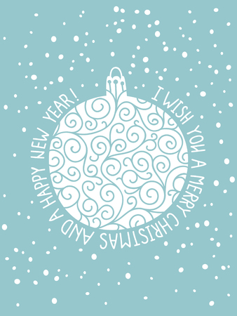 Merry Christmas card with hand drawn lettering and ball on blue background. Cute Holiday backgroundのイラスト素材