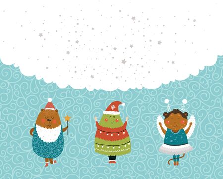 Vector Christmas and New year background with cute bear, monkey and tree. Xmas template for design web banners, posters and moreのイラスト素材